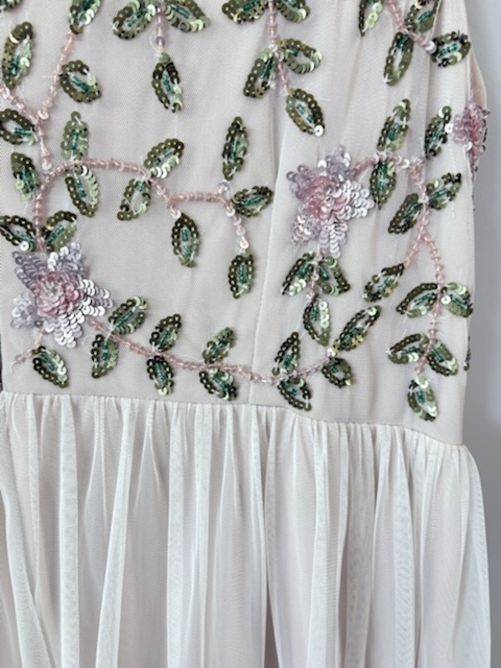Adrianna Papell Cream Tulle Dress with Pink & Green Sequin Floral Detail
